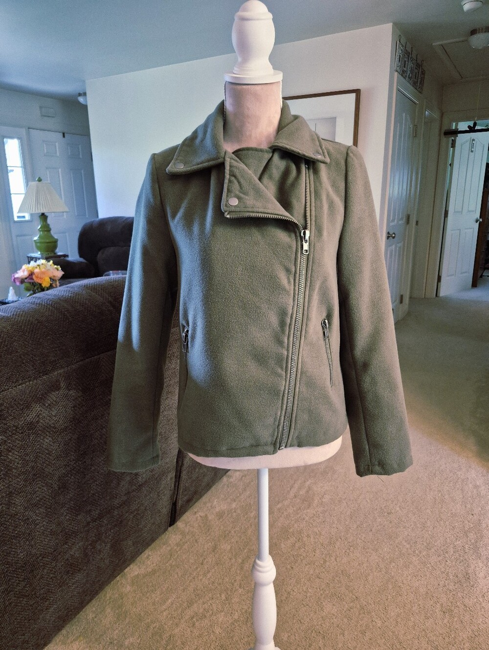 Forever 21 Olive Green Fleece Moto Jacket Womens Size Small